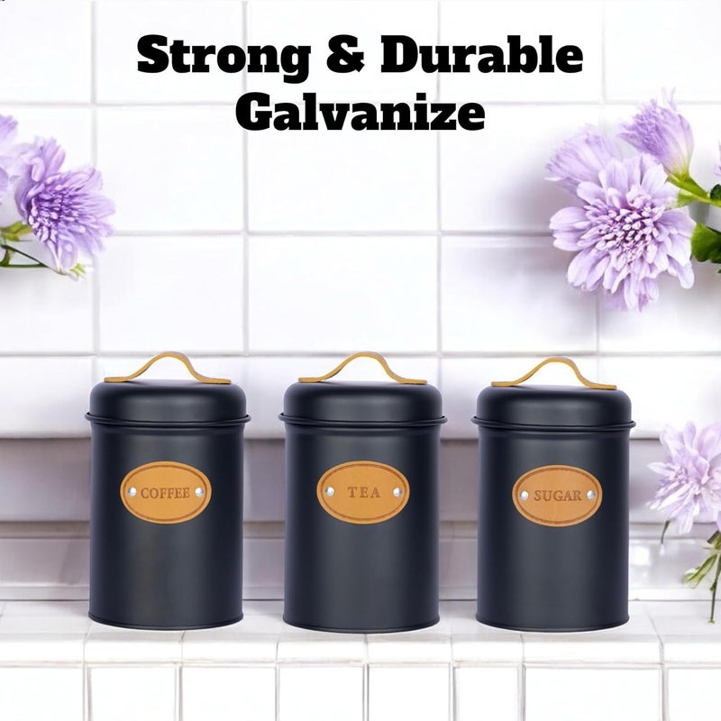 GREECHO Coffee Canister Chai Sugar Dabba Condiment Shape Airtight Coffee Beans Elegant Tea Organizer Metal Kitchen Storage Container Box Set of 3 D2_Black - Image 2