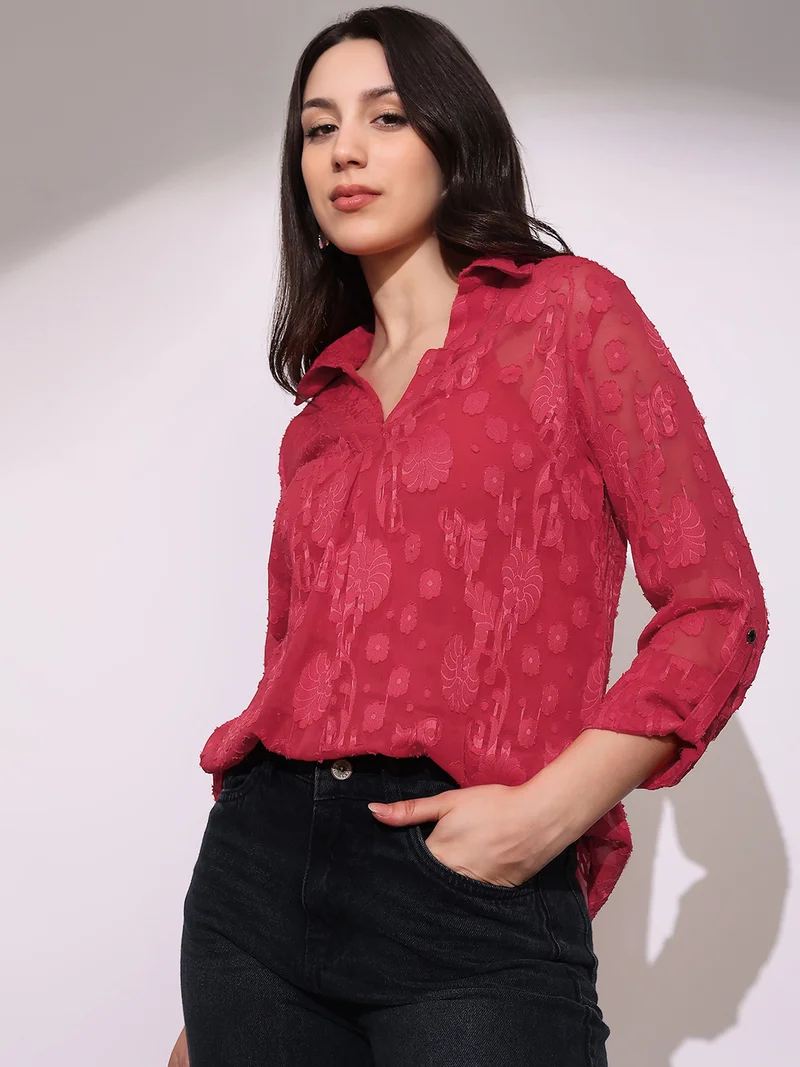 globus Globus Women Red Collared V-Neck Long Roll-Up Sleeves Floral Self Design Casual Top