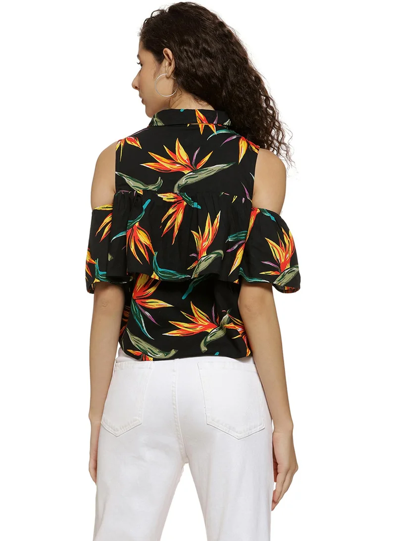 PINACOLADA Women's Midnight Black Flora Cold-Shoulder Top