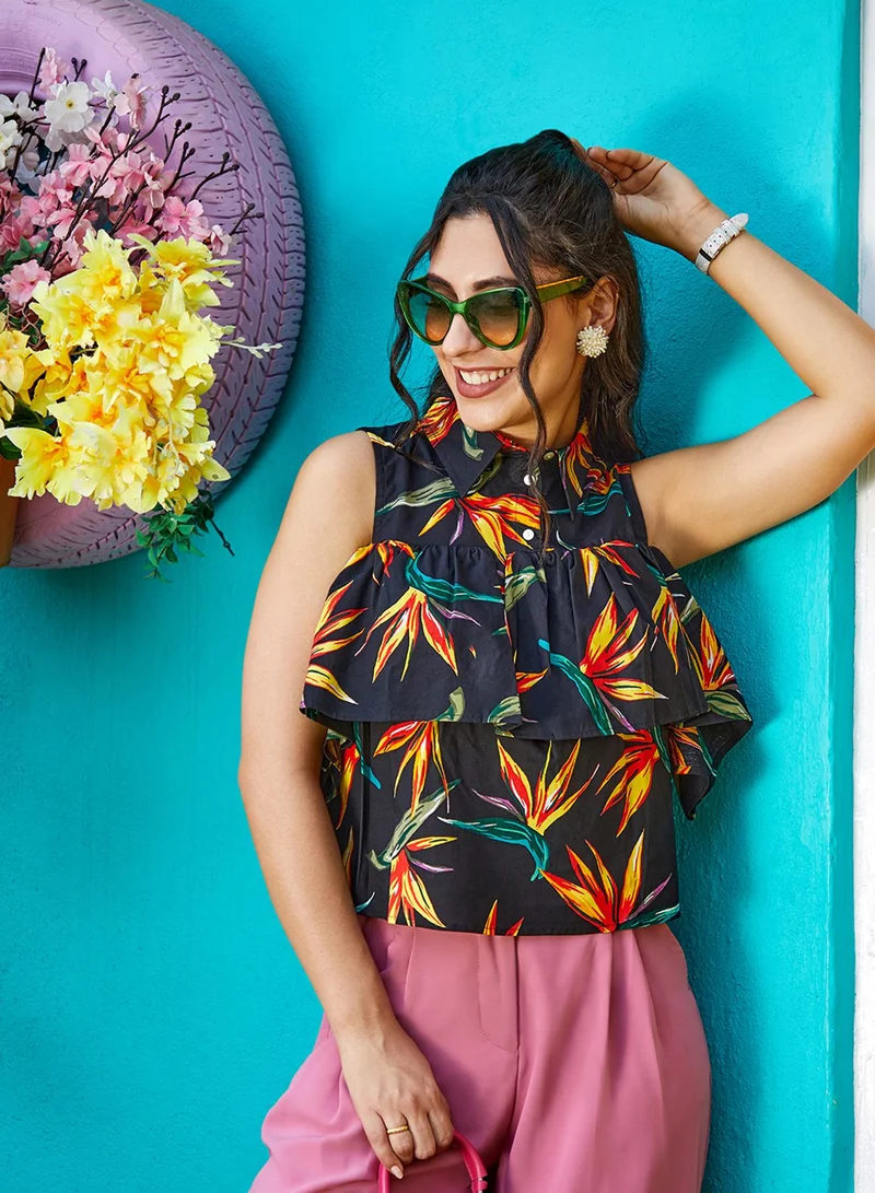 PINACOLADA Women's Midnight Black Flora Cold-Shoulder Top