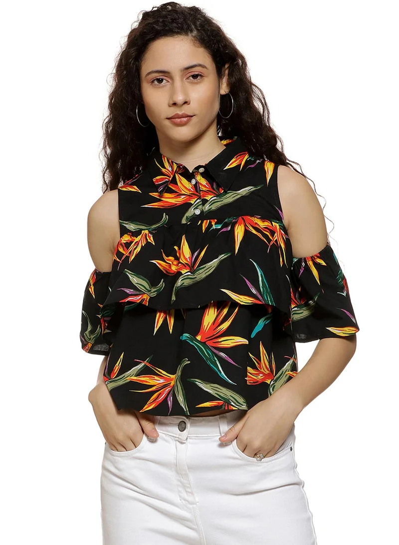 PINACOLADA Women's Midnight Black Flora Cold-Shoulder Top