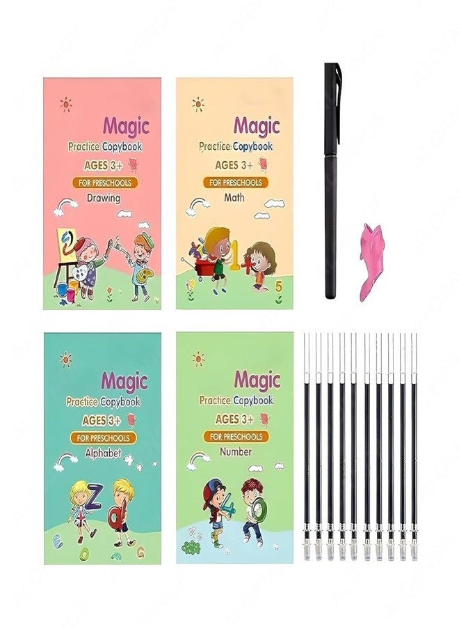 ALORNOR Practicebook (4 BOOK +1 PEN + 10 REFILL) Number Tracing Book for Preschoolers with Pen,Magic Copybook Set Practical Reusable Writing Tool (Maths+Drawing+Alphabet+Number) - Image 1