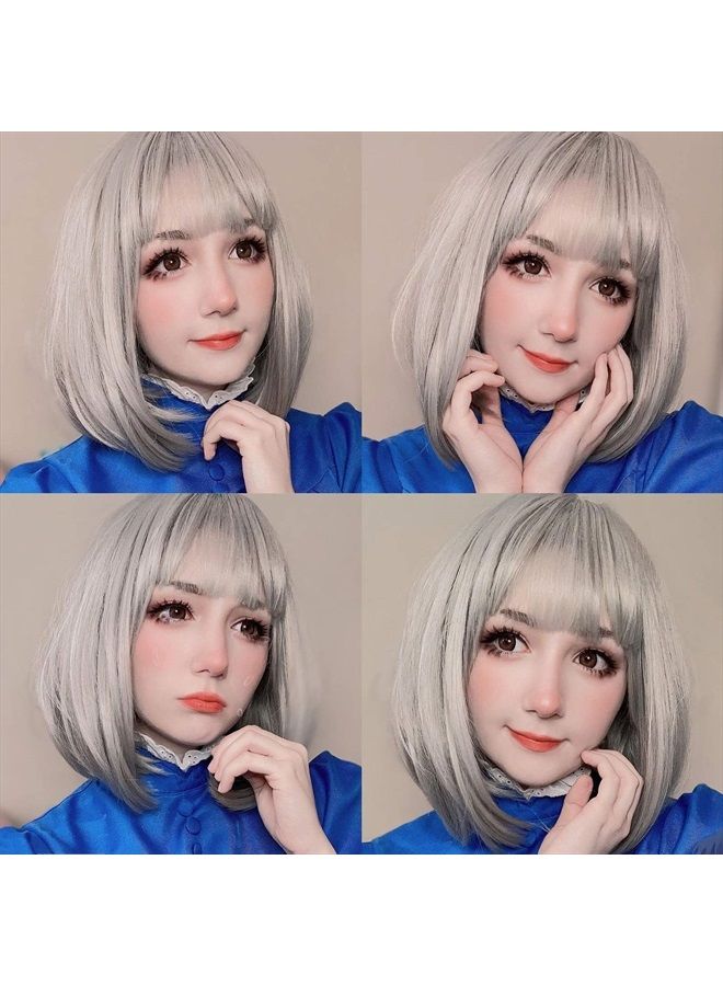 eNilecor Short Bob Hair Wigs 12" Straight with Flat Bangs Synthetic Colorful Cosplay Daily Party Wig for Women Natural As Real Hair+ Free Wig Cap (Silver Grey) - Image 1