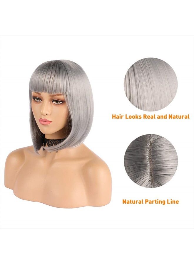eNilecor Short Bob Hair Wigs 12" Straight with Flat Bangs Synthetic Colorful Cosplay Daily Party Wig for Women Natural As Real Hair+ Free Wig Cap (Silver Grey) - Image 4