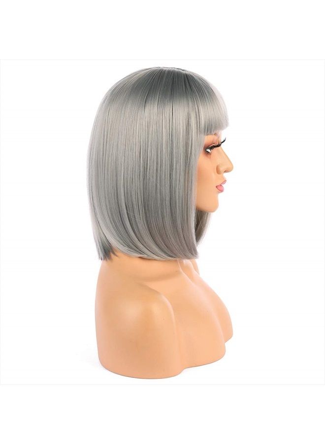 eNilecor Short Bob Hair Wigs 12" Straight with Flat Bangs Synthetic Colorful Cosplay Daily Party Wig for Women Natural As Real Hair+ Free Wig Cap (Silver Grey) - Image 3