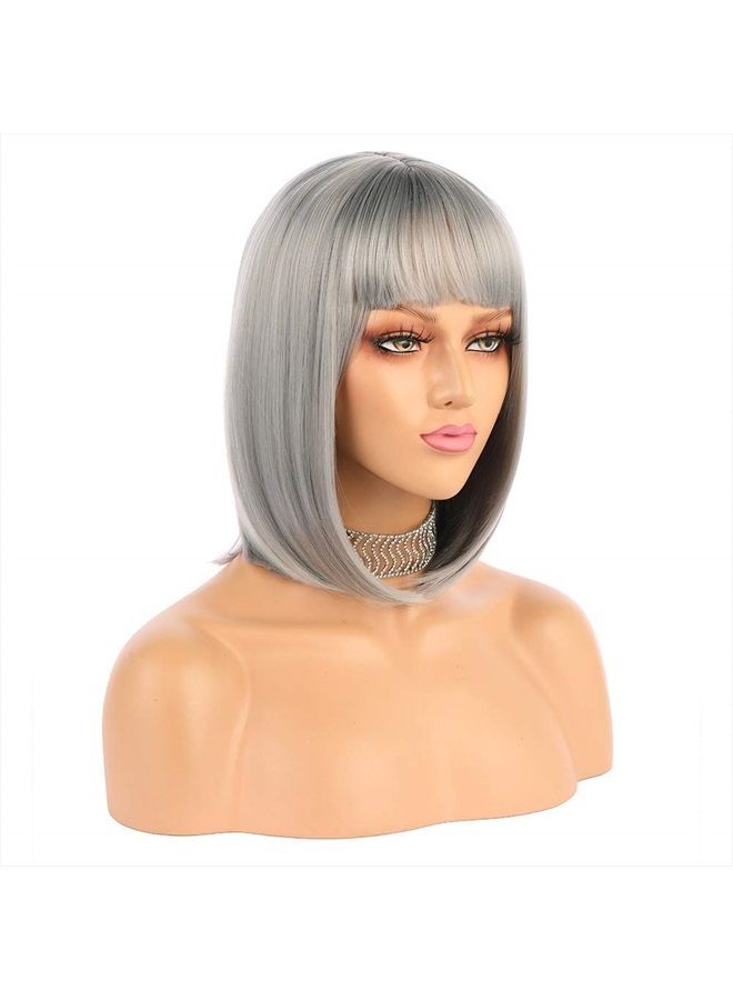 eNilecor Short Bob Hair Wigs 12" Straight with Flat Bangs Synthetic Colorful Cosplay Daily Party Wig for Women Natural As Real Hair+ Free Wig Cap (Silver Grey) - Image 2