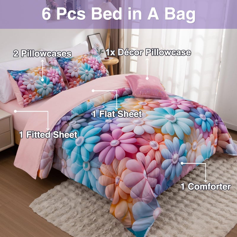 A Nice Night Stunning Blooming 3D Flower Floral Comforter Sets, with Pearl Flower Core Pattern Bedding Set for Girls Twin Size, Ultra Soft Bedding Sets (Blue-Purple, Twin 6Pcs) - Image 4