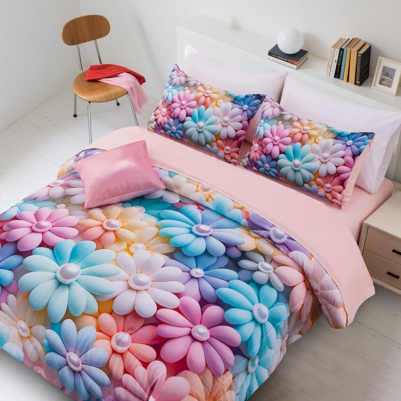 A Nice Night Stunning Blooming 3D Flower Floral Comforter Sets, with Pearl Flower Core Pattern Bedding Set for Girls Twin Size, Ultra Soft Bedding Sets (Blue-Purple, Twin 6Pcs) - Image 2