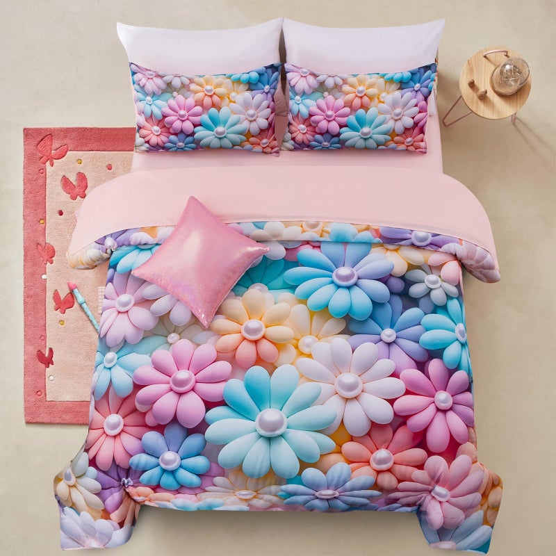 A Nice Night Stunning Blooming 3D Flower Floral Comforter Sets, with Pearl Flower Core Pattern Bedding Set for Girls Twin Size, Ultra Soft Bedding Sets (Blue-Purple, Twin 6Pcs) - Image 1