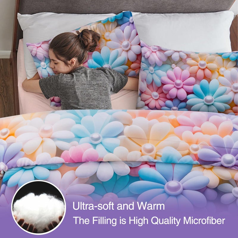 A Nice Night Stunning Blooming 3D Flower Floral Comforter Sets, with Pearl Flower Core Pattern Bedding Set for Girls Twin Size, Ultra Soft Bedding Sets (Blue-Purple, Twin 6Pcs) - Image 5