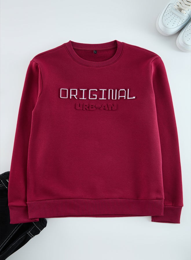 trendyol Burgundy Slim/Slim Cut Puffy Printed Polar Fleece Sweatshirt - Image 2