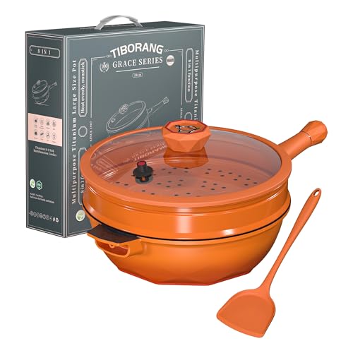 TIBORANG 8 in 1 Multipurpose 11 Inch 5 Quart Heat Indicator Nonstick Deep Frying Pan with Glass Lid,Stay-cool Handle,Steamed Grid,PFOA-Free,Dishwasher&Oven Safe,Works with All Stovetops(Tangerine) - Image 1