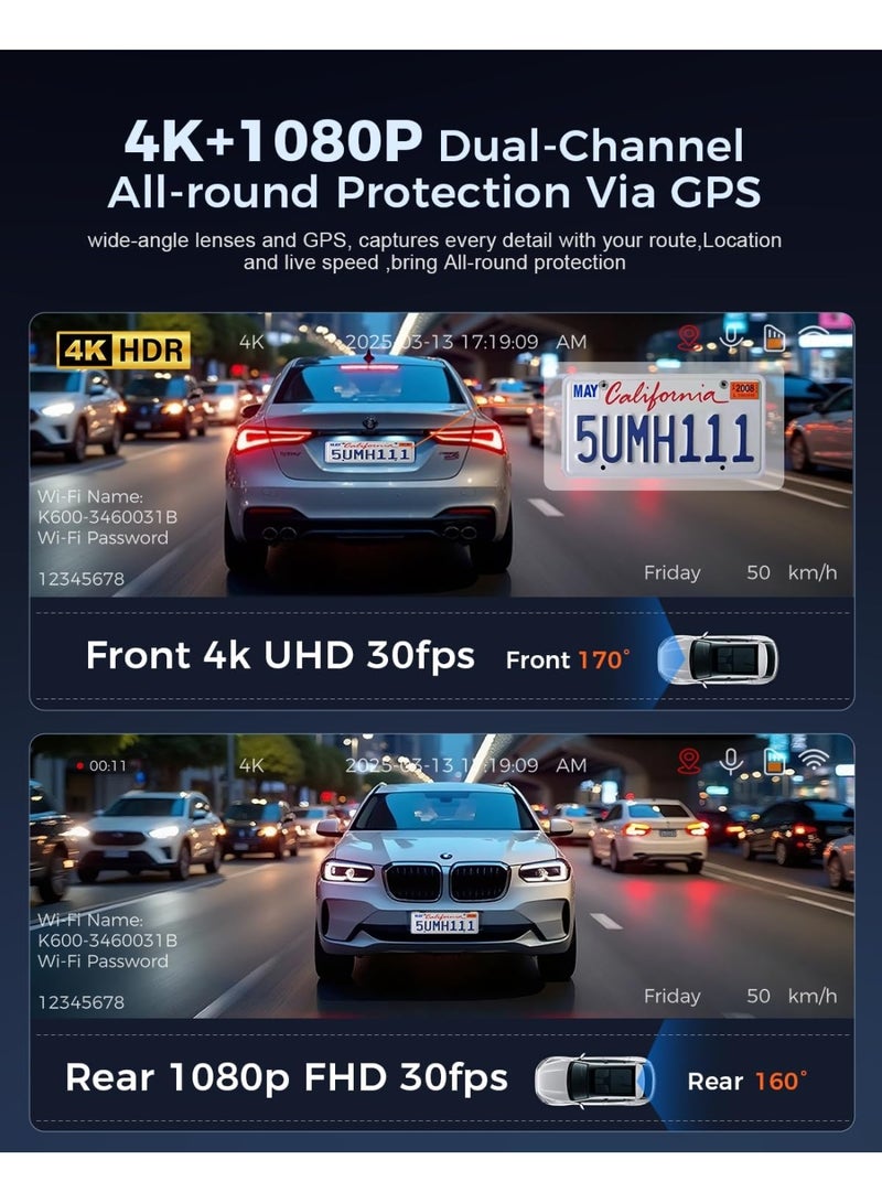 4k Dash Cam Front and Rear, 3.59" IPS Screen, Built-in GPS 5G WiFi Dash Camera for Cars with App, UHD 2160P Night Vision Free 64G SD Card, 170° Wide Angle, HDR, 24H Parking Mode - Image 5