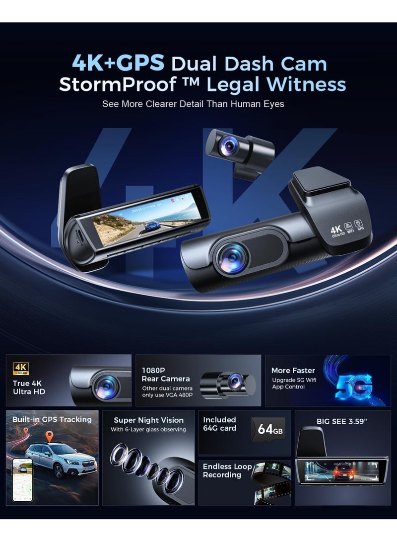 4k Dash Cam Front and Rear, 3.59" IPS Screen, Built-in GPS 5G WiFi Dash Camera for Cars with App, UHD 2160P Night Vision Free 64G SD Card, 170° Wide Angle, HDR, 24H Parking Mode - Image 2