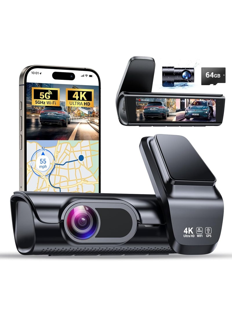 4k Dash Cam Front and Rear, 3.59" IPS Screen, Built-in GPS 5G WiFi Dash Camera for Cars with App, UHD 2160P Night Vision Free 64G SD Card, 170° Wide Angle, HDR, 24H Parking Mode - Image 1