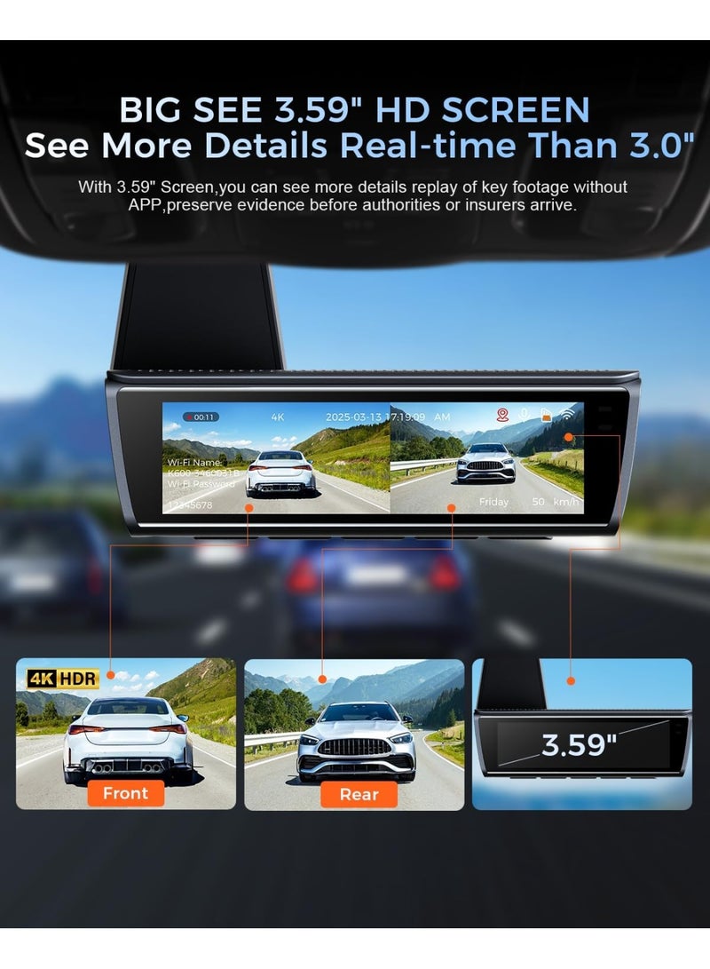 4k Dash Cam Front and Rear, 3.59" IPS Screen, Built-in GPS 5G WiFi Dash Camera for Cars with App, UHD 2160P Night Vision Free 64G SD Card, 170° Wide Angle, HDR, 24H Parking Mode - Image 4