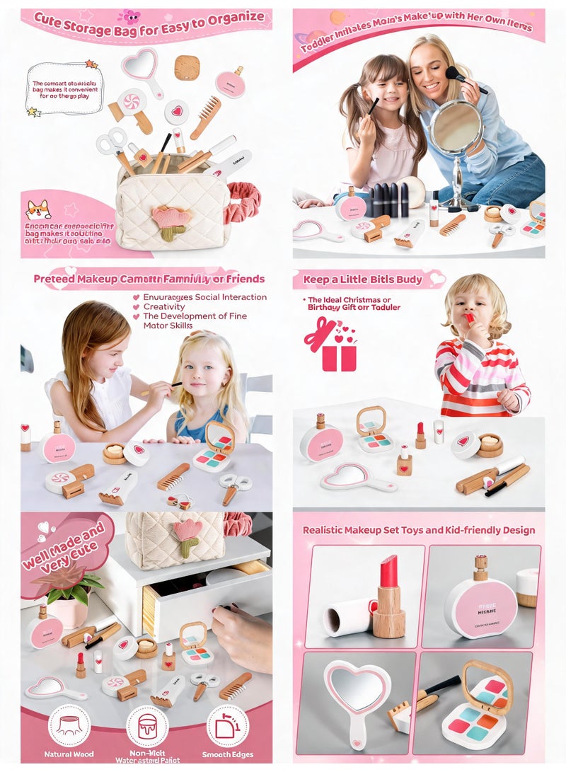 14-piece make-up case, girl's wooden make-up toy, children's make-up and hairdressing set made of wood, make-up set made of wood for children's role play, gifts from 3 4 5 years girls - Image 3