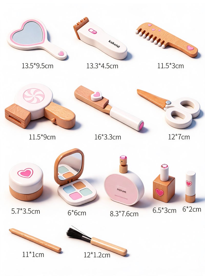 14-piece make-up case, girl's wooden make-up toy, children's make-up and hairdressing set made of wood, make-up set made of wood for children's role play, gifts from 3 4 5 years girls - Image 4