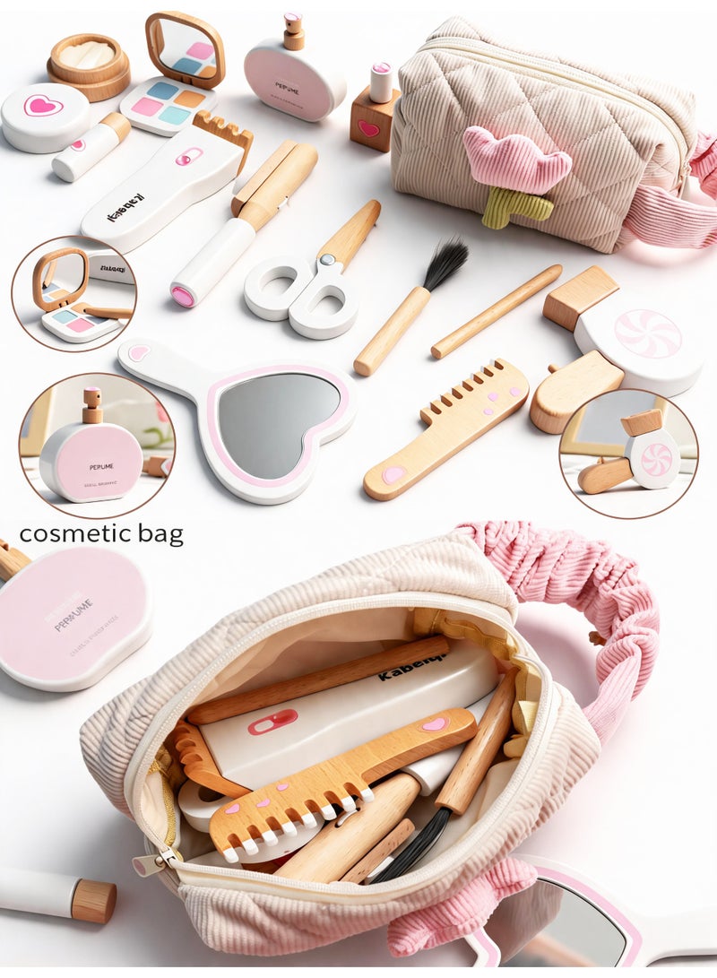 14-piece make-up case, girl's wooden make-up toy, children's make-up and hairdressing set made of wood, make-up set made of wood for children's role play, gifts from 3 4 5 years girls - Image 2