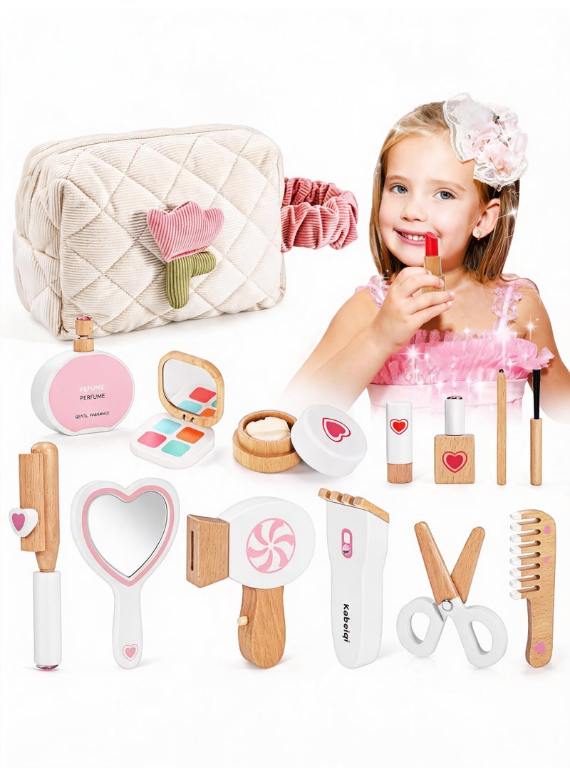 14-piece make-up case, girl's wooden make-up toy, children's make-up and hairdressing set made of wood, make-up set made of wood for children's role play, gifts from 3 4 5 years girls - Image 1