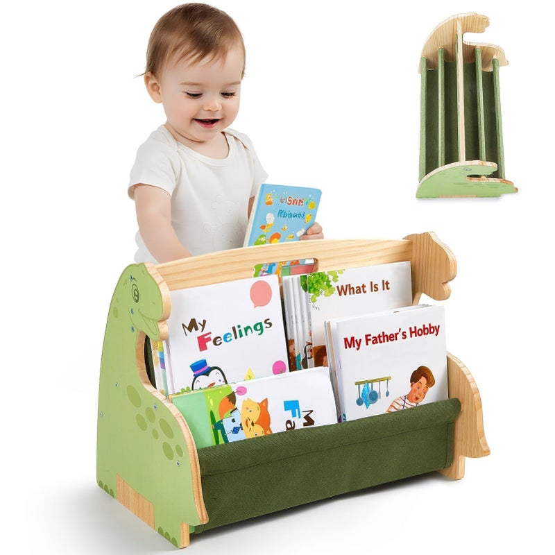 SheSeek Toddler Bookshelf Double-Sided with 4 Tier Deep Sleeves Kids Wooden Montessori Book Rack for Baby Nursery Room, Playroom, Classroom or Bedroom Bookcase Storage Organizer, Green Dinosaur - Image 1