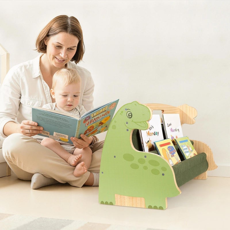 SheSeek Toddler Bookshelf Double-Sided with 4 Tier Deep Sleeves Kids Wooden Montessori Book Rack for Baby Nursery Room, Playroom, Classroom or Bedroom Bookcase Storage Organizer, Green Dinosaur - Image 5