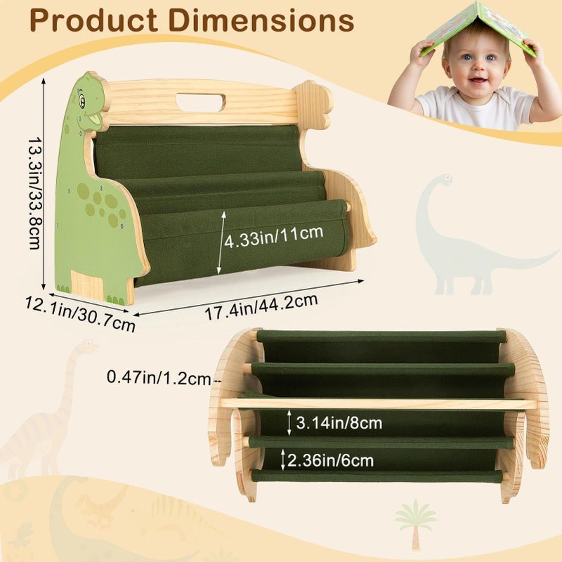 SheSeek Toddler Bookshelf Double-Sided with 4 Tier Deep Sleeves Kids Wooden Montessori Book Rack for Baby Nursery Room, Playroom, Classroom or Bedroom Bookcase Storage Organizer, Green Dinosaur - Image 4