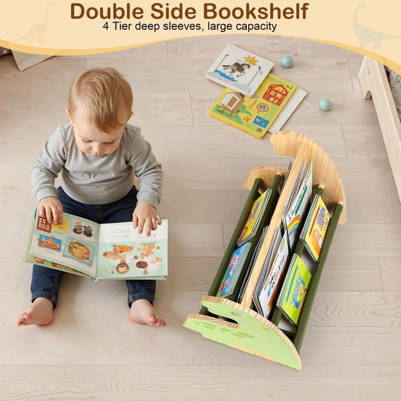 SheSeek Toddler Bookshelf Double-Sided with 4 Tier Deep Sleeves Kids Wooden Montessori Book Rack for Baby Nursery Room, Playroom, Classroom or Bedroom Bookcase Storage Organizer, Green Dinosaur - Image 3