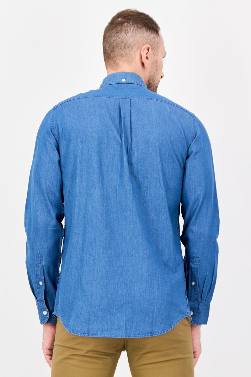 Chaps قميص رجالي عادي مقاس واسع بأكمام طويلة، أزرق - Image 4