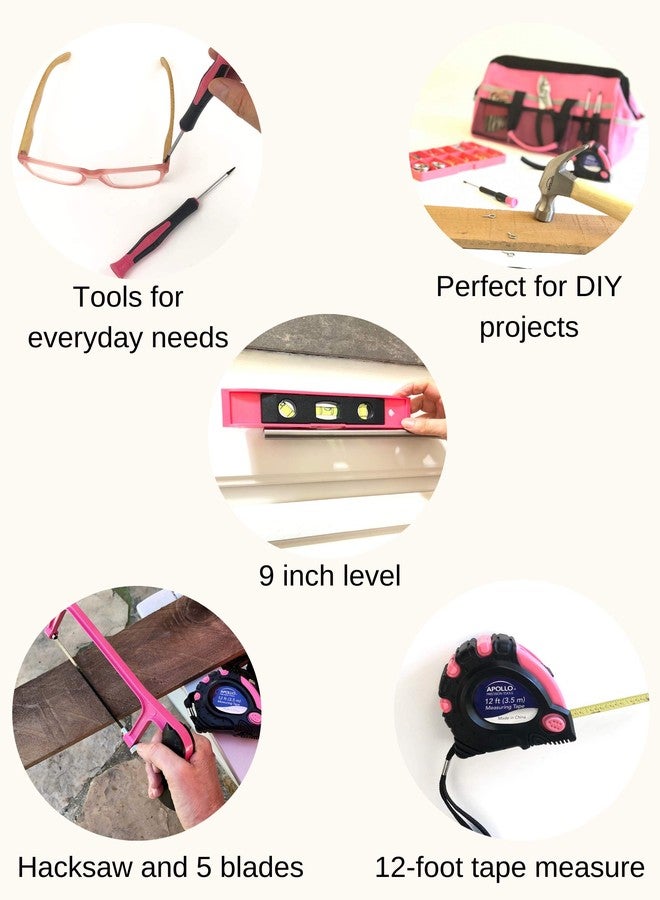 Apollo Tools 201 Piece Home Tool Set, Pink Tool Set Includes Hacksaw, Picture Hanging Assortment, and Selection of Most Needed Tools in Sturdy Tool Bag - Pink Ribbon - DT0020P - Image 4