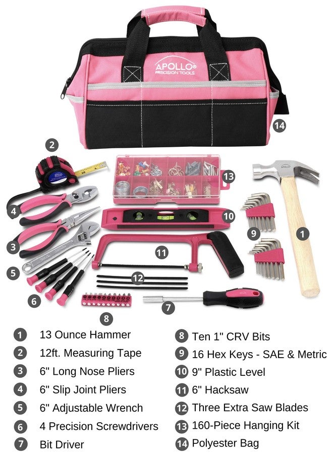 Apollo Tools 201 Piece Home Tool Set, Pink Tool Set Includes Hacksaw, Picture Hanging Assortment, and Selection of Most Needed Tools in Sturdy Tool Bag - Pink Ribbon - DT0020P - Image 2
