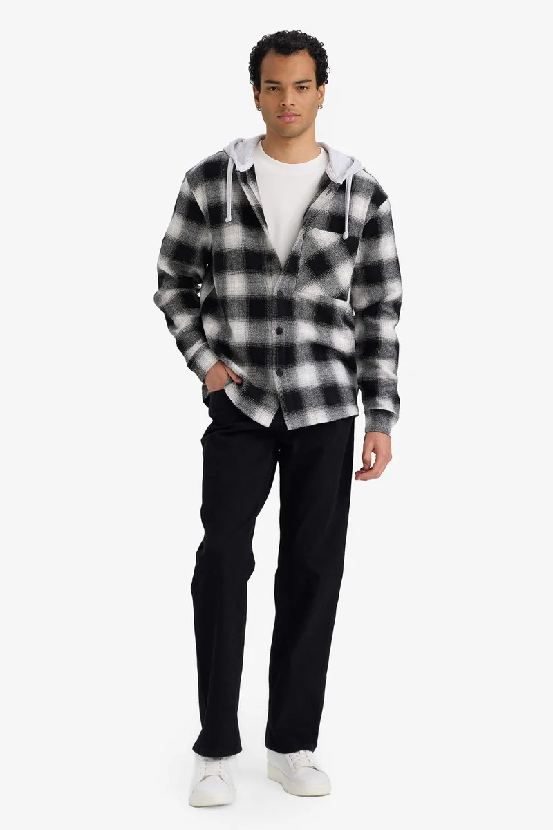 ديفاكتو Relax Fit Hooded Flannel Long Sleeve Shirt