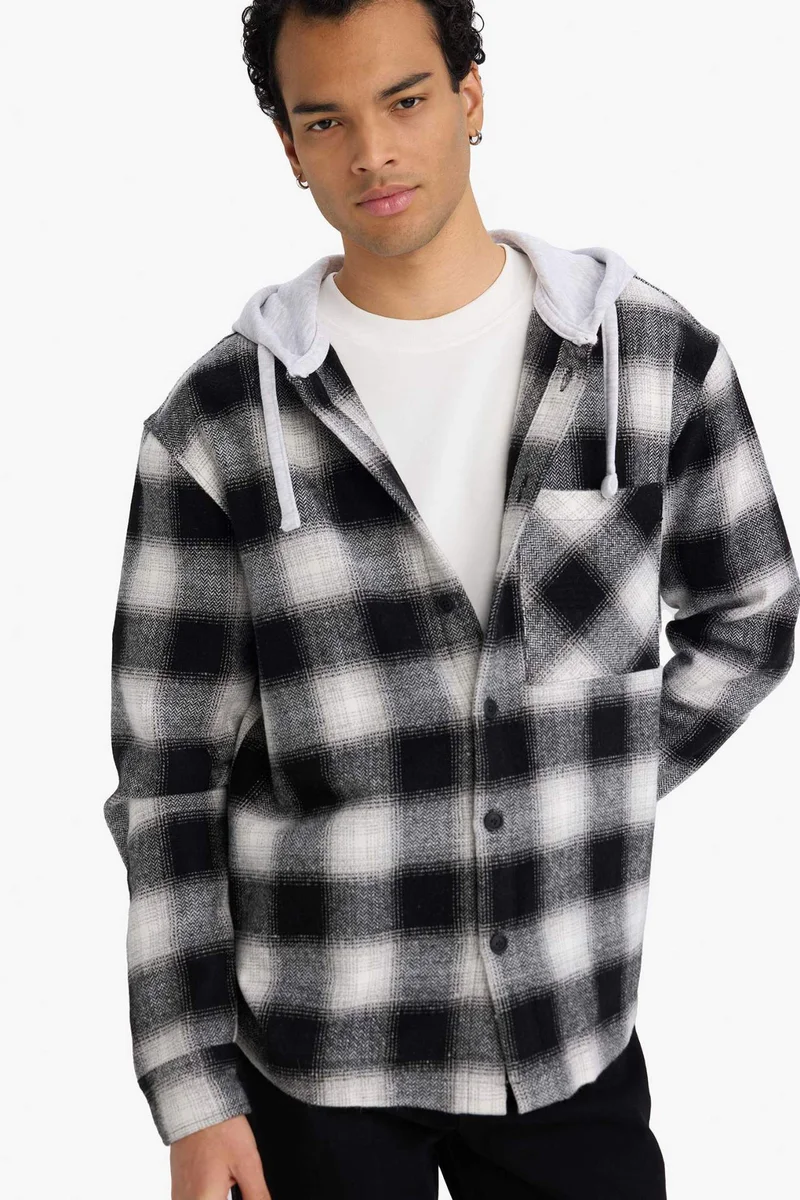 ديفاكتو Relax Fit Hooded Flannel Long Sleeve Shirt