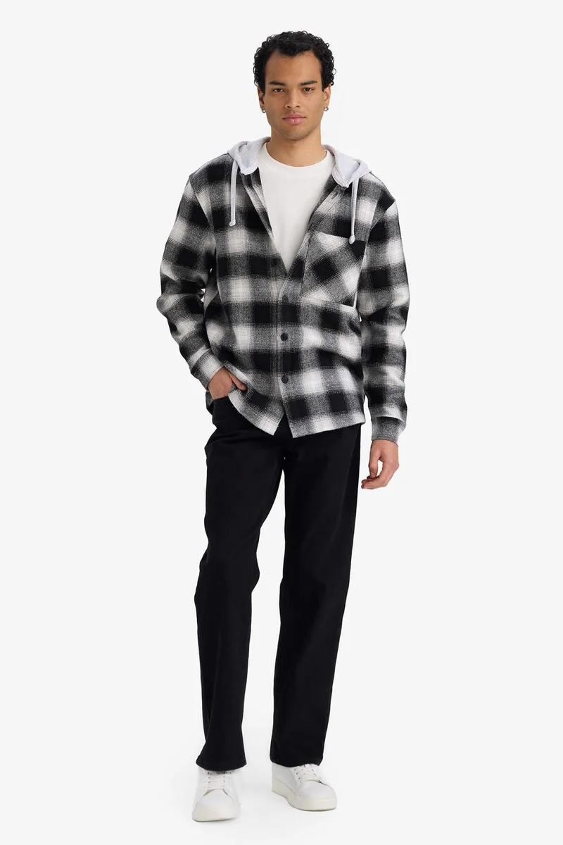 ديفاكتو Relax Fit Hooded Flannel Long Sleeve Shirt