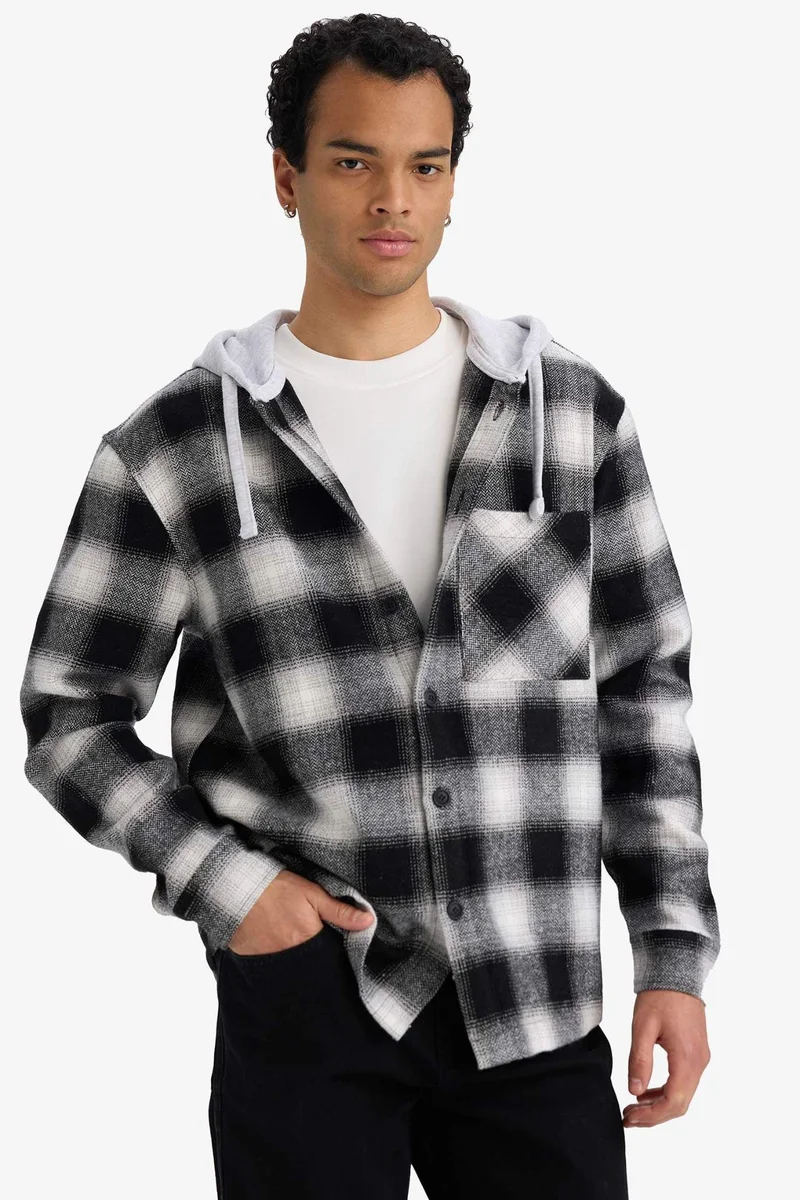 ديفاكتو Relax Fit Hooded Flannel Long Sleeve Shirt