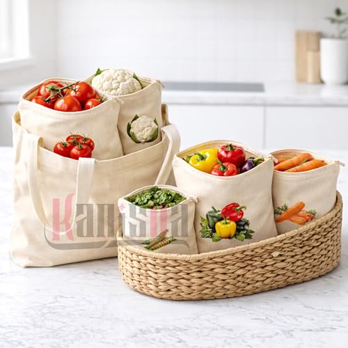 KANISYA Reusable Cotton Vegetable Storage Bags for Fridge | Washable Breathable Cloth Produce Bags | Plastic Free Refrigerator Kitchen Organizer for Fruits & Vegetables, 12 x 12 Inches (Pack of 10) - Image 4
