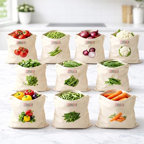 KANISYA Reusable Cotton Vegetable Storage Bags for Fridge | Washable Breathable Cloth Produce Bags | Plastic Free Refrigerator Kitchen Organizer for Fruits & Vegetables, 12 x 12 Inches (Pack of 10) - Image 1