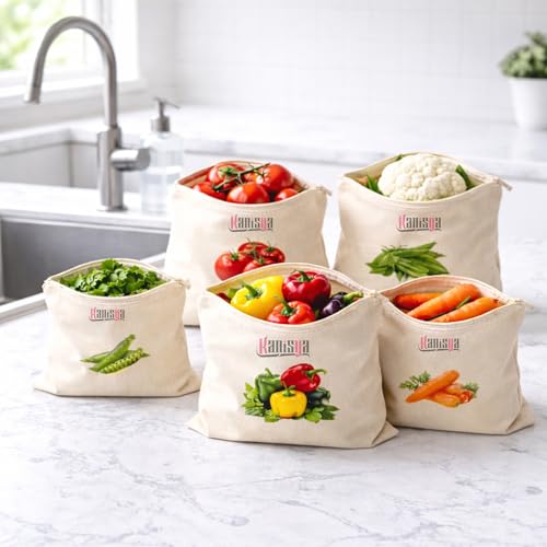 KANISYA Reusable Cotton Vegetable Storage Bags for Fridge | Washable Breathable Cloth Produce Bags | Plastic Free Refrigerator Kitchen Organizer for Fruits & Vegetables, 12 x 12 Inches (Pack of 10) - Image 3