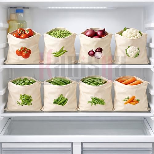 KANISYA Reusable Cotton Vegetable Storage Bags for Fridge | Washable Breathable Cloth Produce Bags | Plastic Free Refrigerator Kitchen Organizer for Fruits & Vegetables, 12 x 12 Inches (Pack of 10) - Image 2