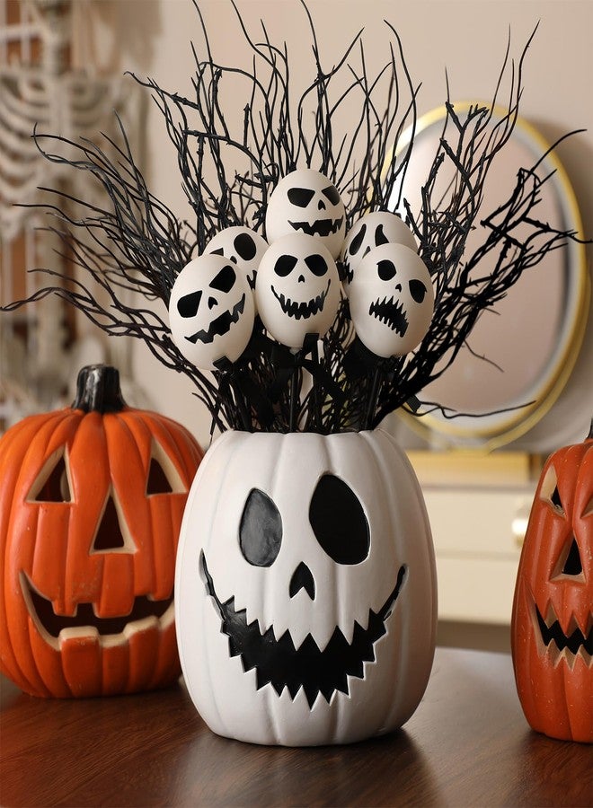 Wiwiqing Halloween Table Centerpieces Decor Resin Pumpkin Vase with 7 Artificial Ghost Skull Face Balls Branch Flower Soil, Retro DIY Spooky Pumpkin Vase for Home Kitchen Indoor Decoration - Image 2