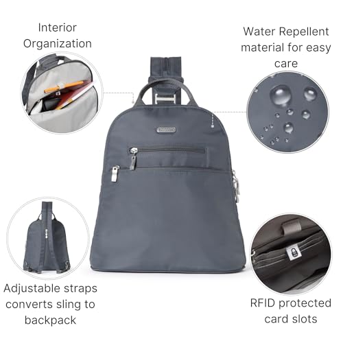 Baggallini Essential Mini Backpack Purse for Women - Built-in RFID Card Holder - Convertible Sling Bag with Adjustable Shoulder Strap, Charcoal Gray - Image 3