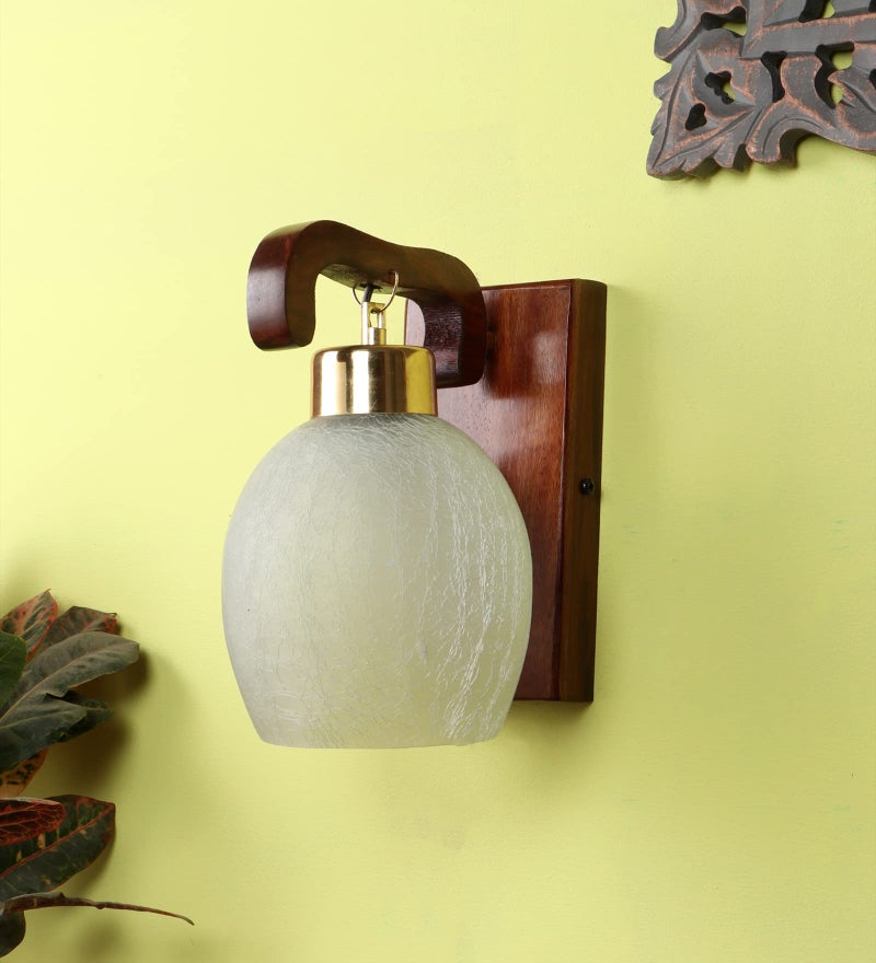 Green House Handmade Sheesham Wood Wall Light/Lamp with Unique U-Downlight Design Ft. Gold Plated Metal Cap, White Crack Frost Glass for Bedroom/Living Room/Hallway Enhancing Your Home Decor - Image 2