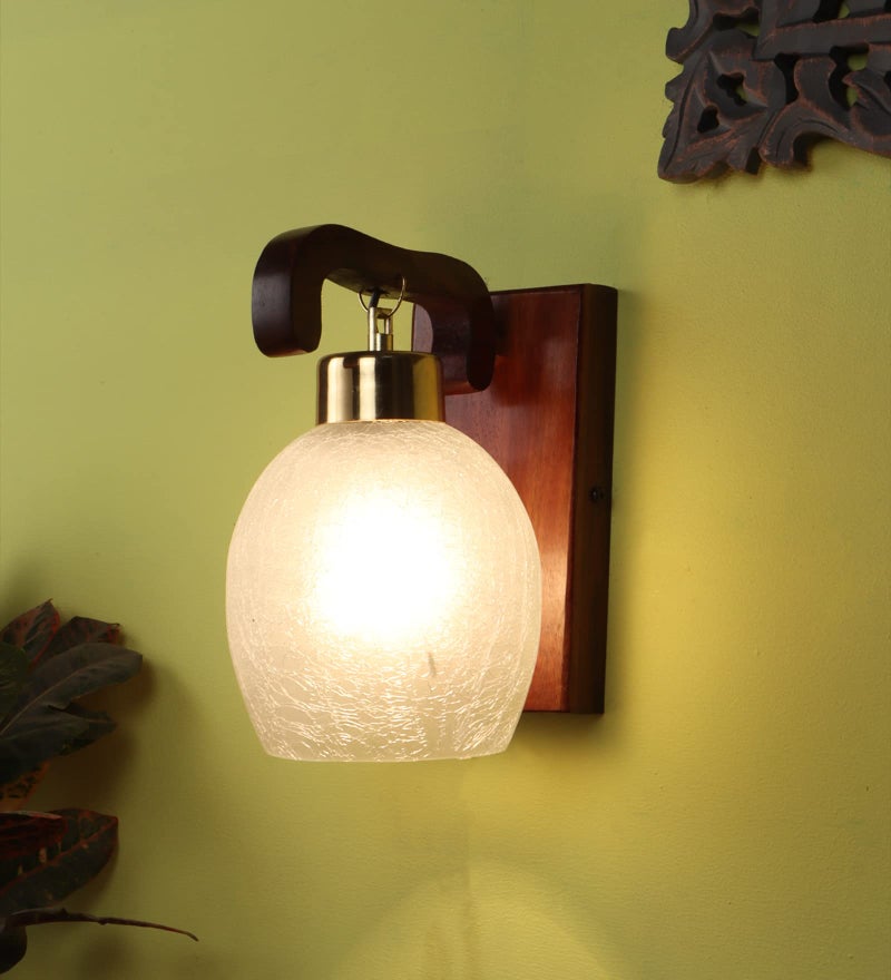 Green House Handmade Sheesham Wood Wall Light/Lamp with Unique U-Downlight Design Ft. Gold Plated Metal Cap, White Crack Frost Glass for Bedroom/Living Room/Hallway Enhancing Your Home Decor - Image 1