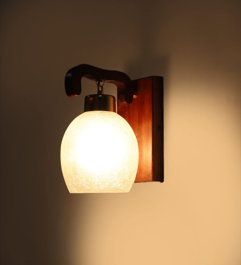 Green House Handmade Sheesham Wood Wall Light/Lamp with Unique U-Downlight Design Ft. Gold Plated Metal Cap, White Crack Frost Glass for Bedroom/Living Room/Hallway Enhancing Your Home Decor - Image 4