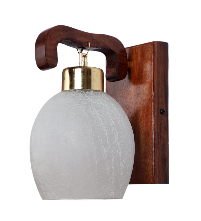 Green House Handmade Sheesham Wood Wall Light/Lamp with Unique U-Downlight Design Ft. Gold Plated Metal Cap, White Crack Frost Glass for Bedroom/Living Room/Hallway Enhancing Your Home Decor - Image 3