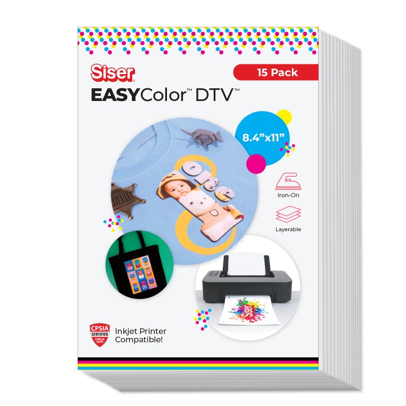 SISER EasyColor DTV 8.4'' x 11'' Sheets - Inkjet Printer Compatible Heat Transfer Vinyl (15 Sheets) - Image 1