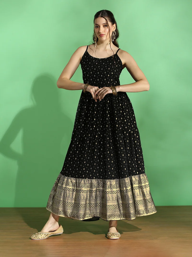 Globus Women Black Strappy Shoulder Gold Foil Ethnic Motifs Smocked Tiered Fit & Flare Maxi Festive Dress