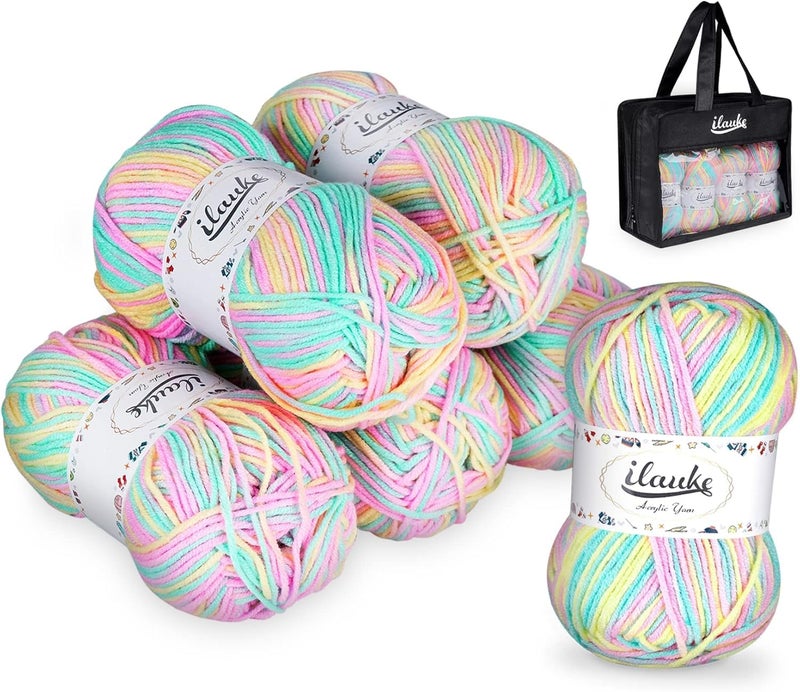 6 x 50g Balls of Assorted Double Knitting Yarn ilauke MultiColored Acrylic Yarn Set Weaving Yarn Crochet Thread Pink Yellow Blue4Ply