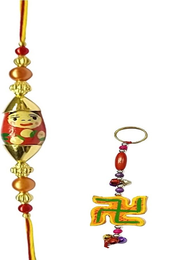KRISHNA Rakhi for brother bhaiya kids designer for rakshabandhan with wooden red color toy rakhi and Wooden yellow Color Swastik Key chain as Gift