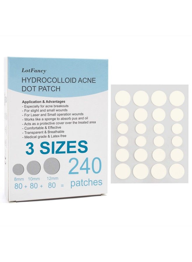 LotFancy Acne Patches 240 Count 3 Sizes (12 10 8Mm) Hydrocolloid Pimple Patches For Face Clear Zit Stickers For Blemishes Spots Skin Acne Dots Treatment  - Image 1